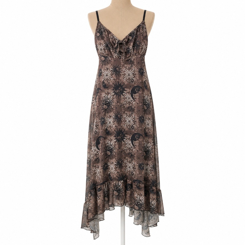 Celestial Skull Mesh Babydoll Maxi Dress Size S Brown Sun Moon Whimsigoth Boho